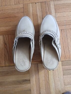 Frye Cream Leather Braided Mule Clogs
